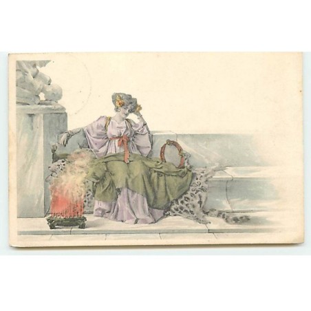 n°20507 - Illustrateur - Femme assise sur un banc en pierre, avec un tambourin à côté d'elle