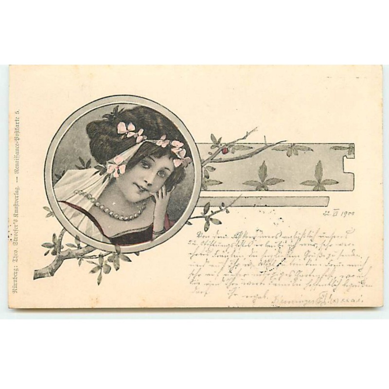 n°20510- Illustrateur- Art nouveau - Stroefer - Portrait d'une jeune femme dans un médaillon