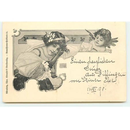 n°20511 - Illustrateur- Art nouveau - Stroefer - Portrait d'une jeune femme dans un médaillon avec un ange