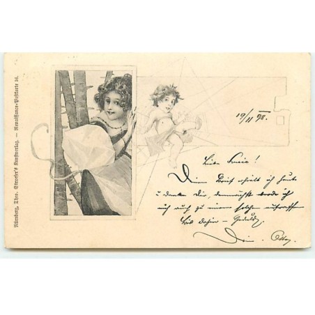 n°20512 - Illustrateur -- Art nouveau - Stroefer Jeune femme dans les bois avec un ange assis sur une toile d'araignée