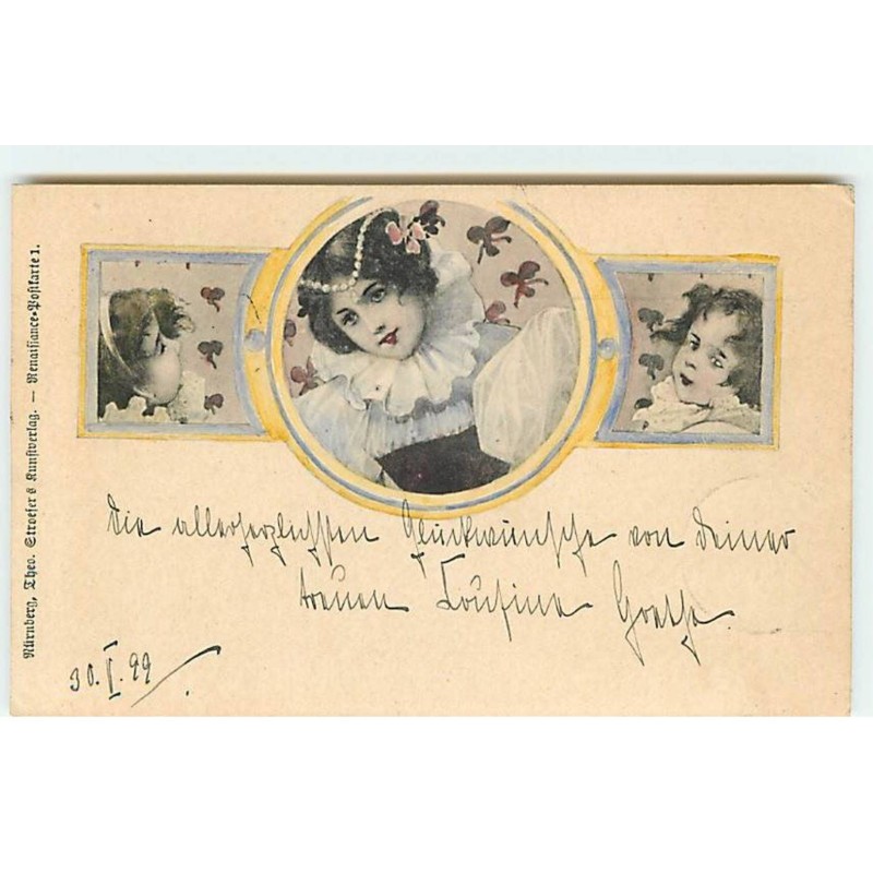 n°20514 - Illustrateur- Art nouveau - Stroefer - Jeune femme avec des perles dans les cheveux et deux anges