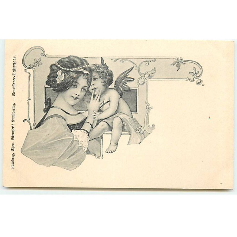 n°20516 - Illustrateur - Art nouveau - Stroefer - Ange chuchotant à l'oreille d'une jeune femme