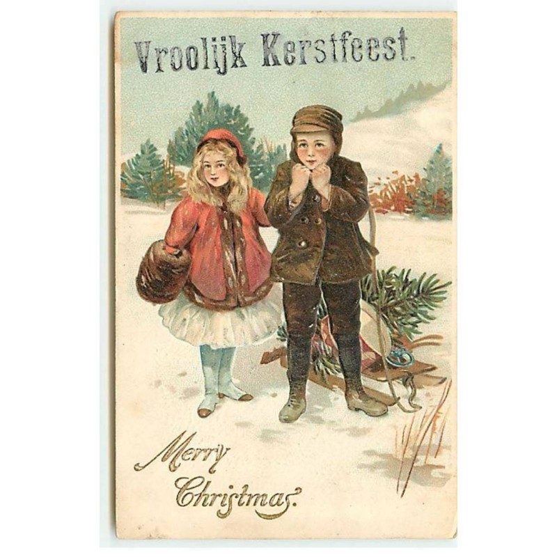 n°20521 - Carte Gaufrée - Merry Christmas - Couple d'enfants près d'une luge chargée de cadeaux, et d'un sapin