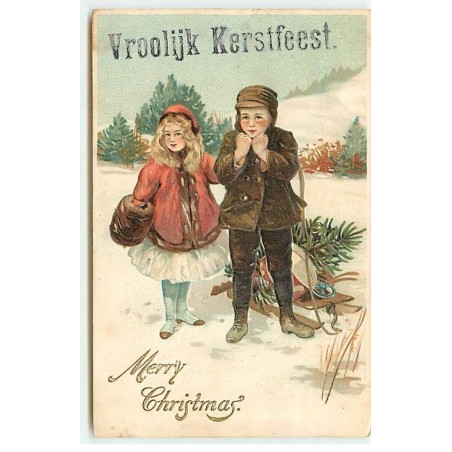 n°20521 - Carte Gaufrée - Merry Christmas - Couple d'enfants près d'une luge chargée de cadeaux, et d'un sapin