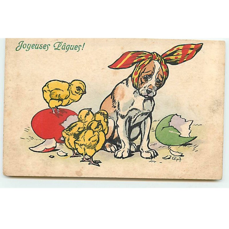 n°20523 - MM Vienne n°574 - Joyeuses Pâques - Poussins autour d'un chien avec un foulard autour de sa tête