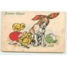 n°20523 - MM Vienne n°574 - Joyeuses Pâques - Poussins autour d'un chien avec un foulard autour de sa tête