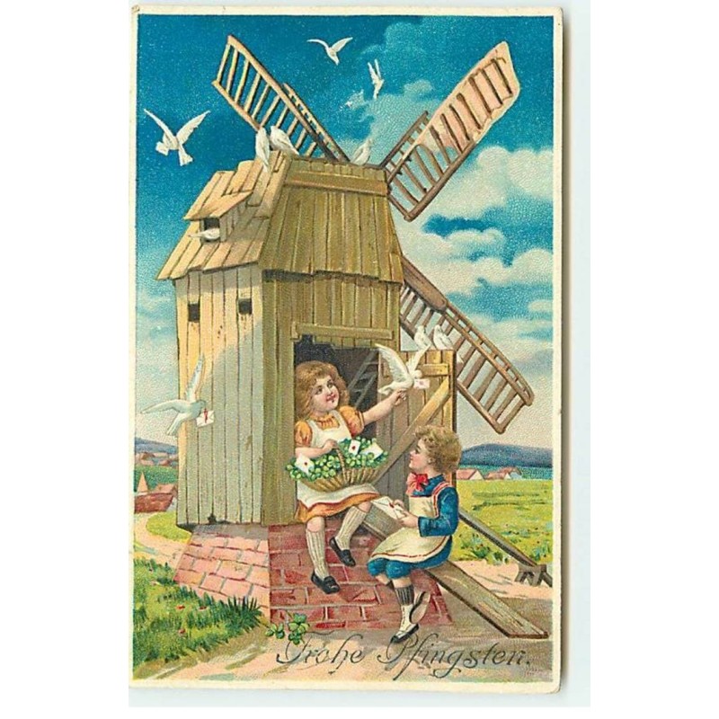 n°20524 - Carte Gaufrée - Fröhe Pfingsten -Enfants assis près d'un moulin à vent avec des colombes apportant des lettres