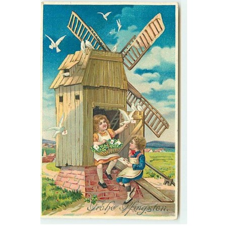 n°20524 - Carte Gaufrée - Fröhe Pfingsten -Enfants assis près d'un moulin à vent avec des colombes apportant des lettres