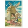 n°20524 - Carte Gaufrée - Fröhe Pfingsten -Enfants assis près d'un moulin à vent avec des colombes apportant des lettres