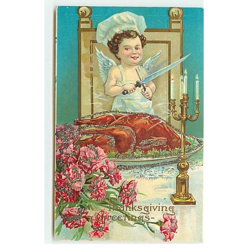 n°20525 - Carte Gaufrée avec Paillettes - Thanksgiving Greetings - Ange se préparant à couper la dinde - Oeillets