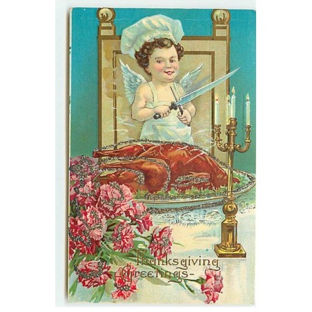 n°20525 - Carte Gaufrée avec Paillettes - Thanksgiving Greetings - Ange se préparant à couper la dinde - Oeillets