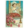 n°20525 - Carte Gaufrée avec Paillettes - Thanksgiving Greetings - Ange se préparant à couper la dinde - Oeillets