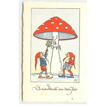 n°20533 - Viel  besten Wünsch zum Neuen Jahre - Lutins chatouillant le nez d'un champignon humanisé - surréalisme