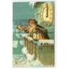 n°20535  Carte Gaufrée - Prosit Neujahr - Veilleur de nuit sonnant dans une corne et tenant une lanterne