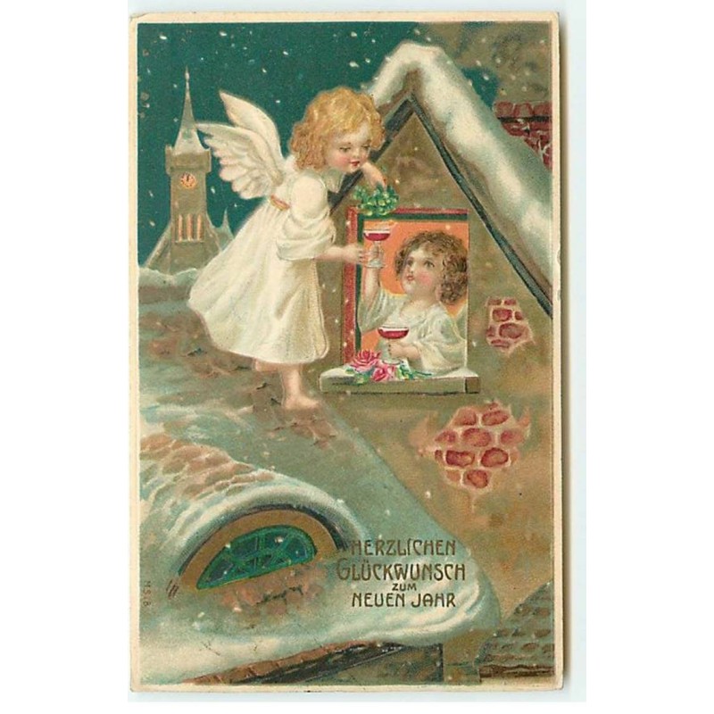 n°20537 - Carte Gaufrée - Herzlichen Glückwunsch zum Neuen Jahr - Anges trinquant sur les toits