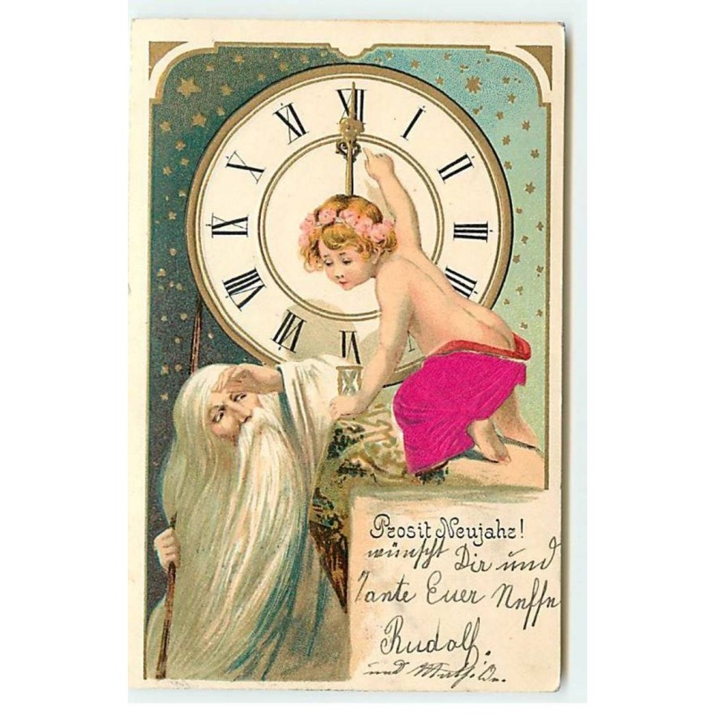 n°20538 - Carte Gaufrée - Prosit Neujahr - Enfant règlant une pendule sous le regard d'un vieil homme