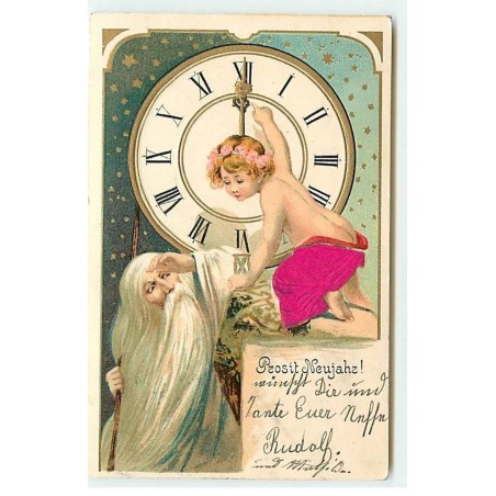 n°20538 - Carte Gaufrée - Prosit Neujahr - Enfant règlant une pendule sous le regard d'un vieil homme