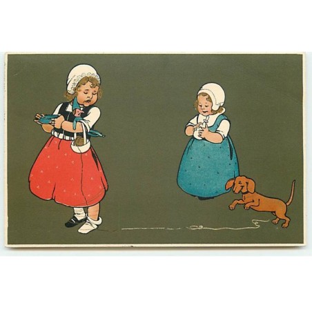 n°20539 - Flatscher - Meissner Serie 1378 - Fillettes regardant un teckel jouant avec une ficelle