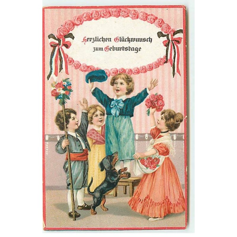 n°20544 - Carte Gaufrée - Herzlichen Glückwunsch zum Geburtstage - Un teckel et des enfants autour d'un autre