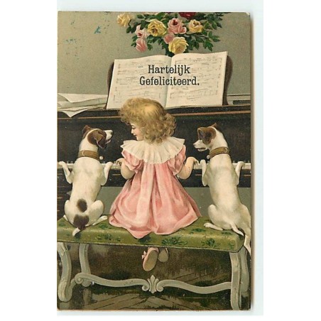 n°20545 - Carte Gaufrée - Hartelijk Gefeliciteerd - Fillette jouant du piano entourée de deux chiens