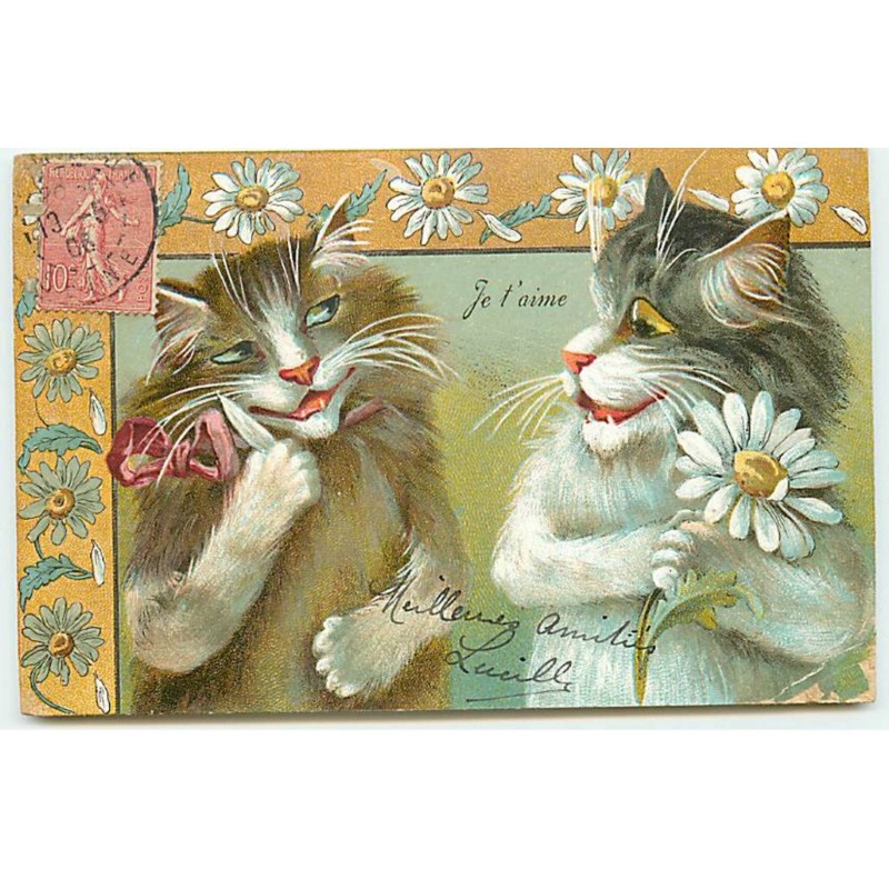 n°20566 - Maurice Boulanger - Chats Humanisés - Je t'aime - Effeuillage de Marguerite