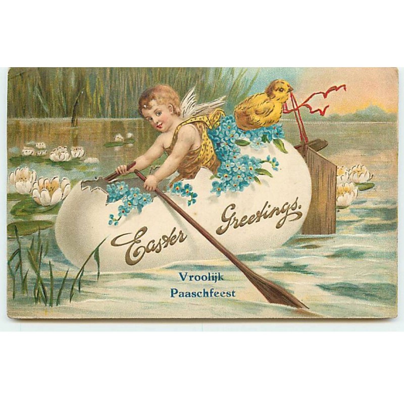 n°20588 - Carte Gaufrée - Easter Greetings - Angelot dans un oeuf transformé en barque