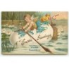 n°20588 - Carte Gaufrée - Easter Greetings - Angelot dans un oeuf transformé en barque