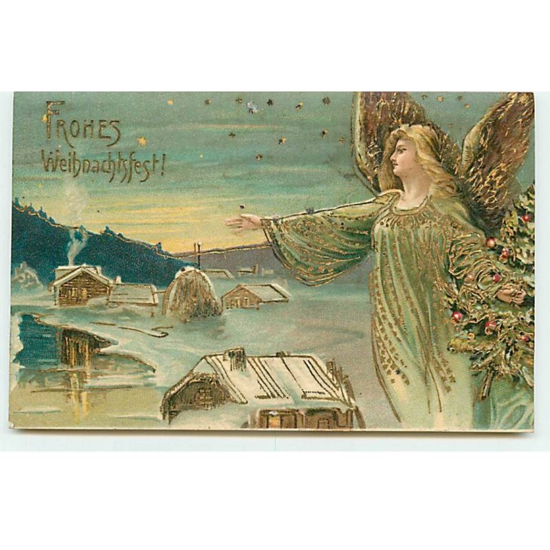 n°20592 - Carte Gaufrée - Frohes Weihnachfest - Ange Gardien protégeant un Village