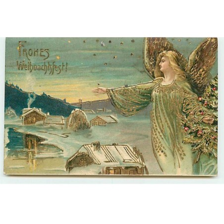 n°20592 - Carte Gaufrée - Frohes Weihnachfest - Ange Gardien protégeant un Village