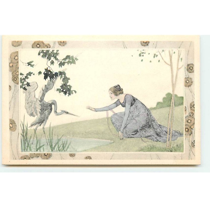 n°20606 - MM Vienne - Art Nouveau - Femme s'approchant d'un oiseau échassier (héron ???)