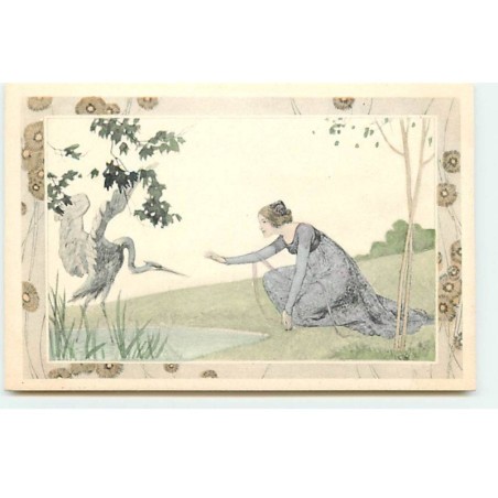 n°20606 - MM Vienne - Art Nouveau - Femme s'approchant d'un oiseau échassier (héron ???)