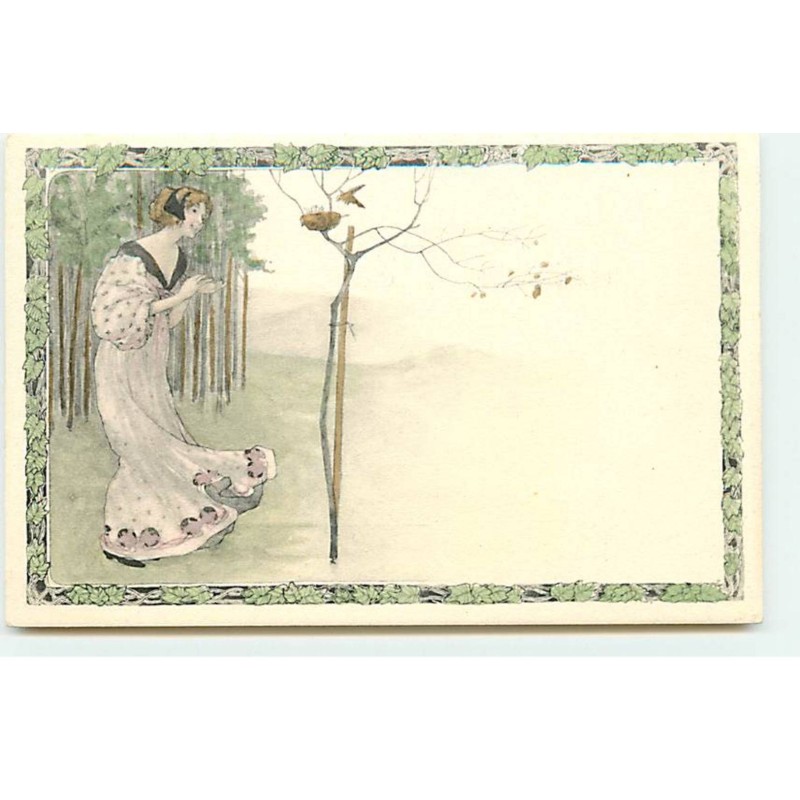 n°20607 - MM Vienne - Art Nouveau - Femme regardant des oiseaux dans un nid