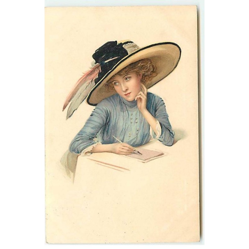 n°20613 - MM Vienne n°636 - Jeune femme portant un grand chapeau avec des plumes, et écrivant
