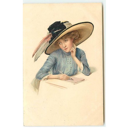 n°20613 - MM Vienne n°636 - Jeune femme portant un grand chapeau avec des plumes, et écrivant