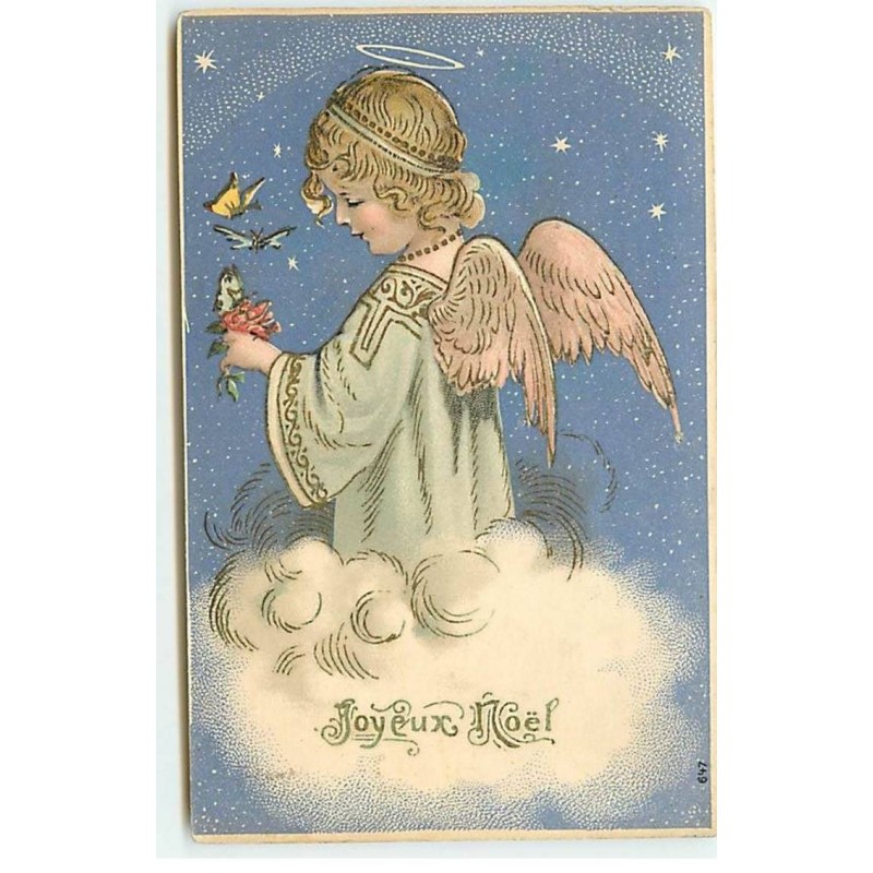 n°20624 - Carte Gaufrée - Joyeux Noël - Ange sur un nuage avec des papillons
