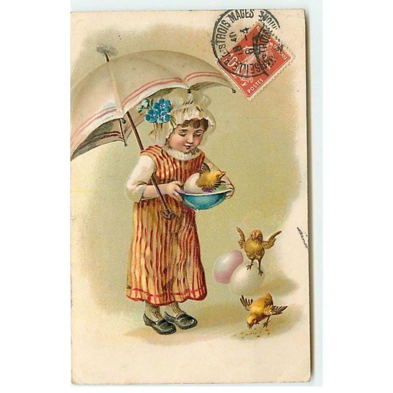 n°20628 - Carte Gaufrée - Fillette se protégeant d'une ombrelle, avec des poussins sortant des oeufs