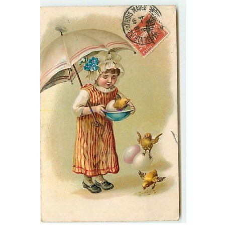 n°20628 - Carte Gaufrée - Fillette se protégeant d'une ombrelle, avec des poussins sortant des oeufs