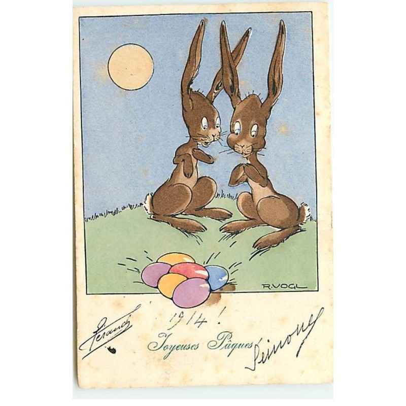 n°20630 - MM Vienne n°852 - R. Vogl -Joyeuses Pâques - Lapins regardant des oeufs
