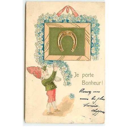 n°20633 - Carte Gaufrée - Je Porte Bonheur - Nain mettant une guirlande de myosotis autour d'un cadre