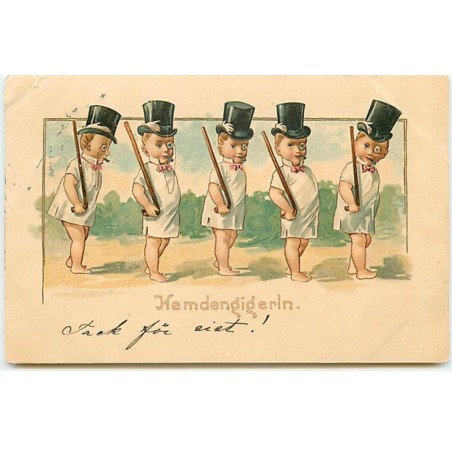 n°20637 - Hemdengigerln - Bébés portant canne, haut de forme, lorgnon et fumant