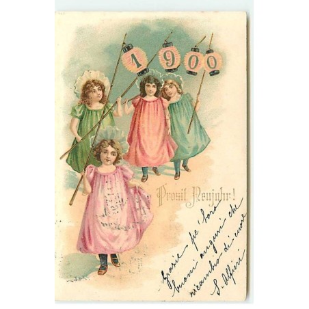 n°20645 - Prosit Neujahr 1900 - Défilé de fillettes portant des lampions