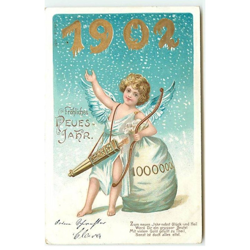 n°20646 - Fröhliches Neues Jahr 1902 - Cupidon s'appuyant sur un sac de pièces d'or