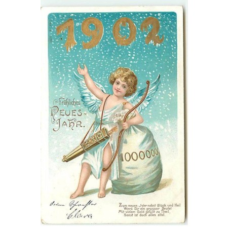 n°20646 - Fröhliches Neues Jahr 1902 - Cupidon s'appuyant sur un sac de pièces d'or