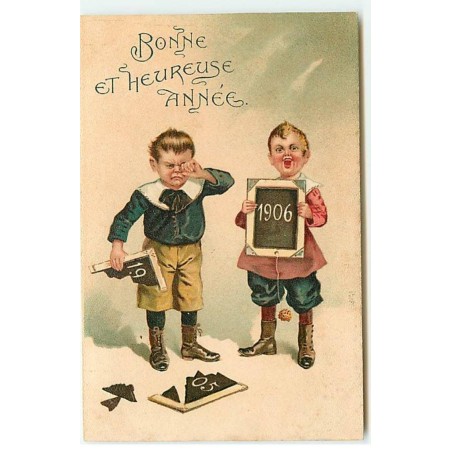 n°20649 - Bonne et Heureuse Année 1906 - Garçons portant des ardoises, l'un pleurant