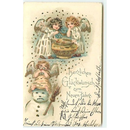 n°20650 - Carte Gaufrée - Anges buvant du vin chaud - Bonhomme de Neige