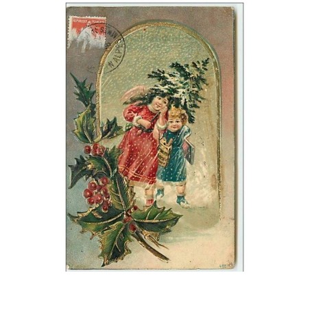 n°11077 - Carte Fantaisie Gaufrée - Angelots avec un sapin