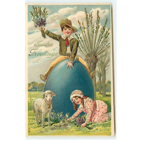 n°20664 - Carte Gaufrée - Easter Greetings - Enfant à califourchon sur un oeuf - mouton
