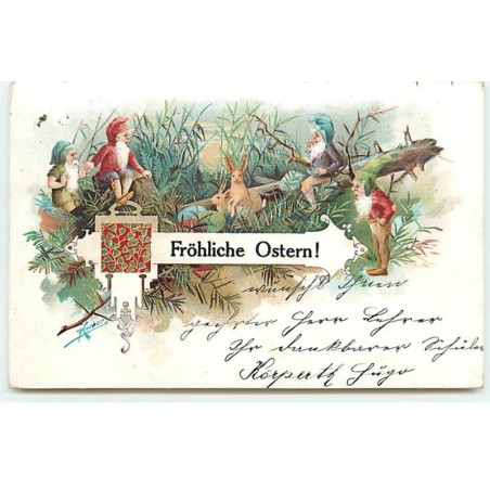 n°20666 - Carte Fantaisie - Fröhliche Ostern - Nains et lapins