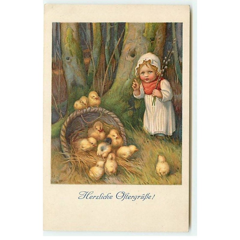n°20668 - TSN Serie 1751 - Herzliche Ostergrusse - Fillette et corbeille de poussins renversée