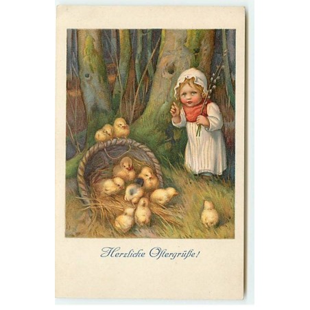 n°20668 - TSN Serie 1751 - Herzliche Ostergrusse - Fillette et corbeille de poussins renversée